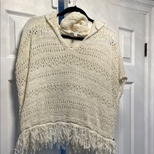 American Eagle Outfitters Cream Knit Poncho with Fringe